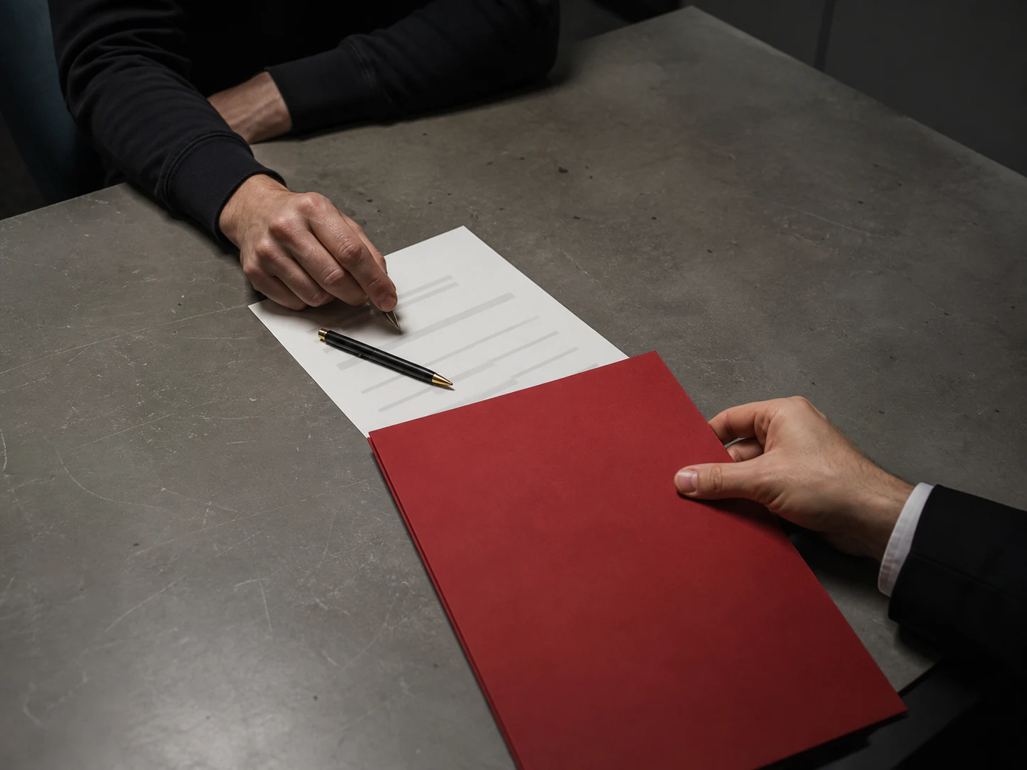 A detained person's hand pauses above an unsigned procedural sheet while counsel slides an oxblood folder across the page.
