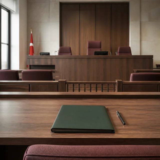 The empty benches of a courtroom before a hearing.