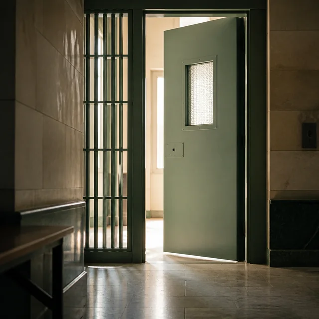 A corridor of closed doors seen through a barred gate.