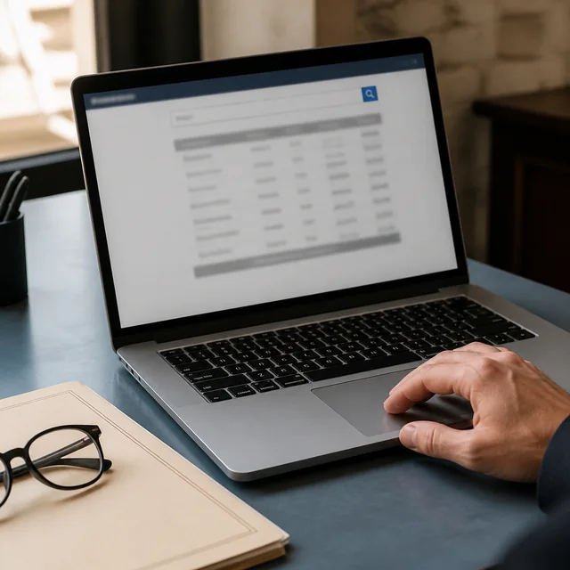 A laptop open on a records query at a plain desk.