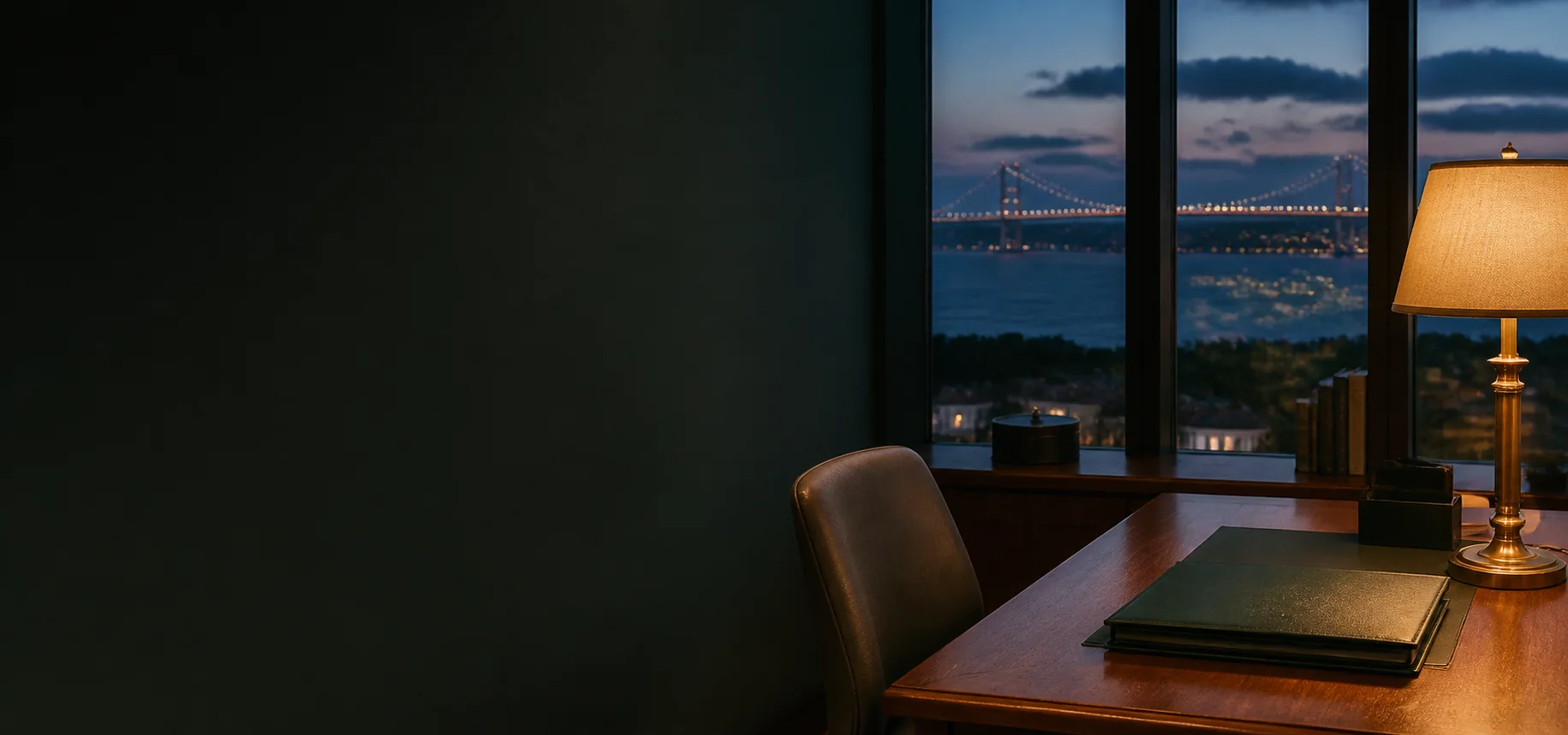 A desk in evening light opening onto a view of the Bosphorus.