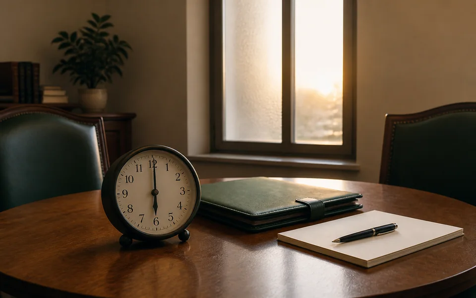 A clock and a closed notebook on a desk in morning light.