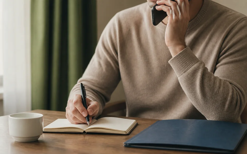 A person at a desk making a telephone call with a notebook open.